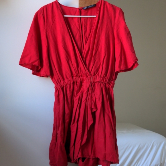 Zara Bright Red Linen Blend Romper, L - Picture 3 of 6